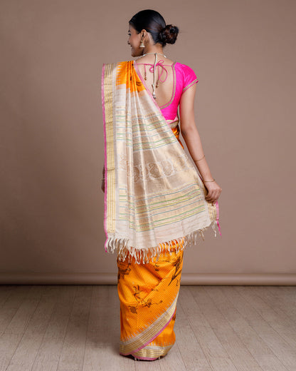 Yellow Printed Kanchivaram Silk Saree