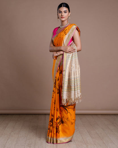 Yellow Printed Kanchivaram Silk Saree