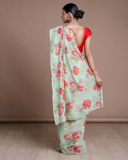 Blue Printed Chiffon Silk Saree