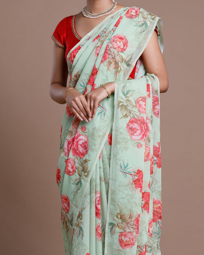 Blue Printed Chiffon Silk Saree