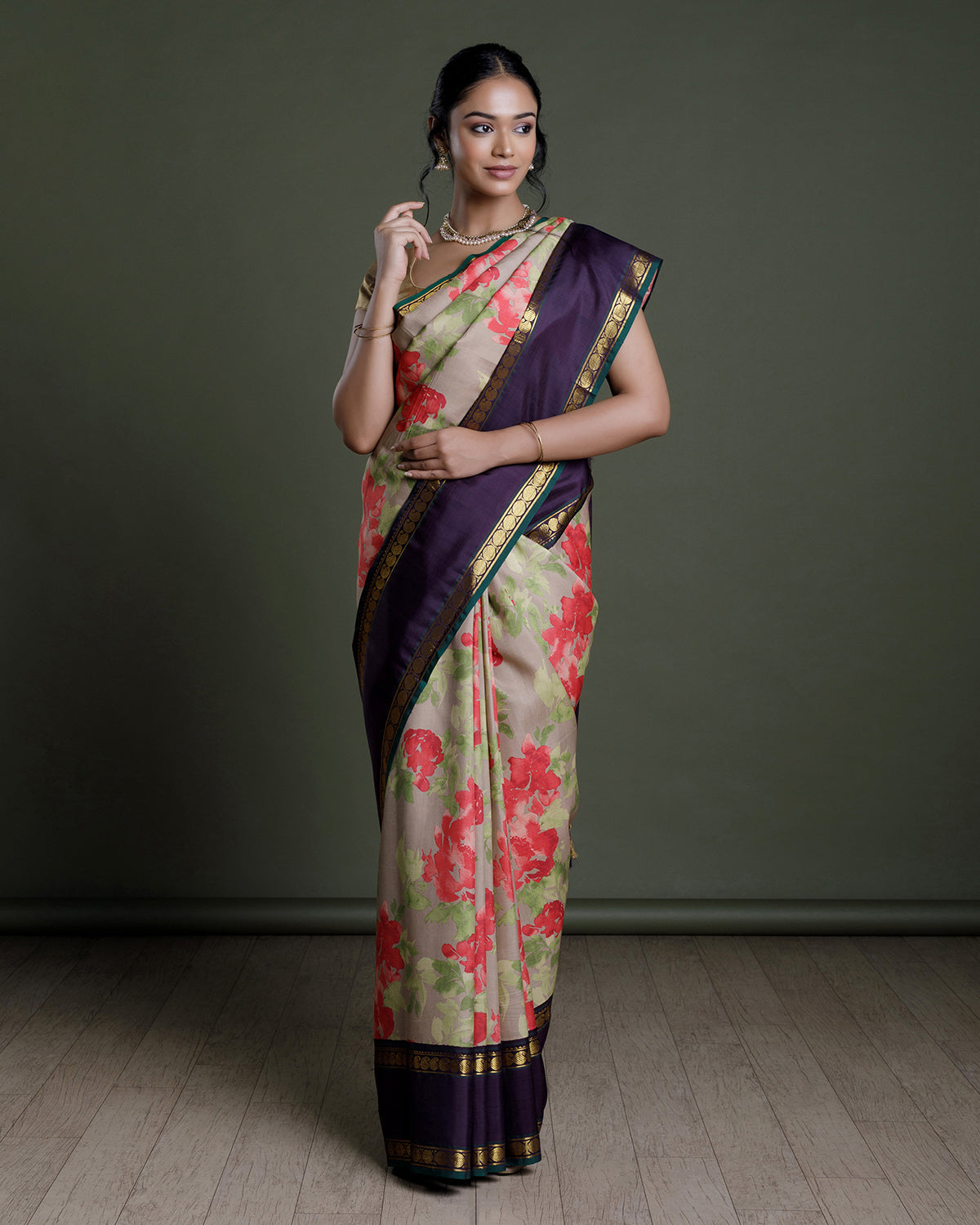 Beige Kanchivaram Printed Silk Saree