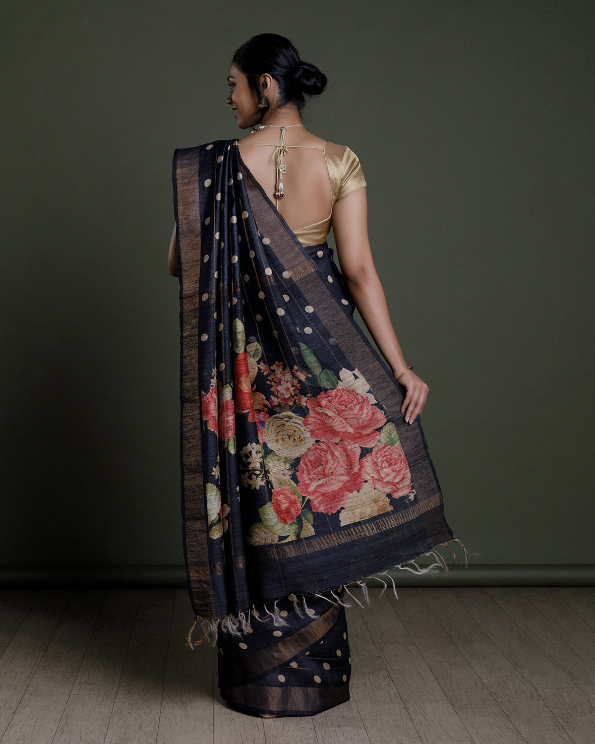 Black Printed Tussar Silk Saree
