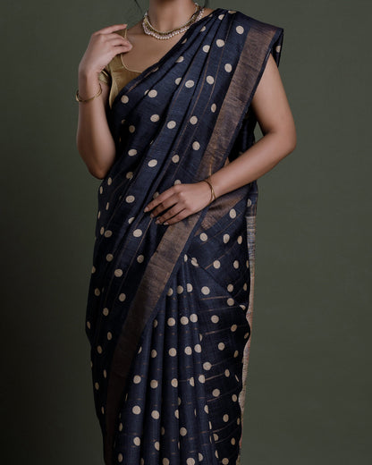 Black Printed Tussar Silk Saree
