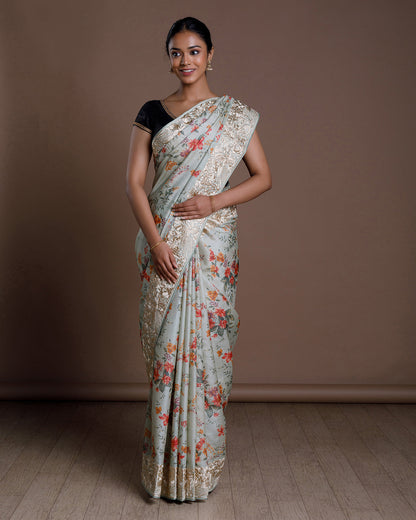 Grey Tussar Embroidery Silk Saree