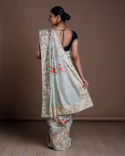 Grey Tussar Embroidery Silk Saree