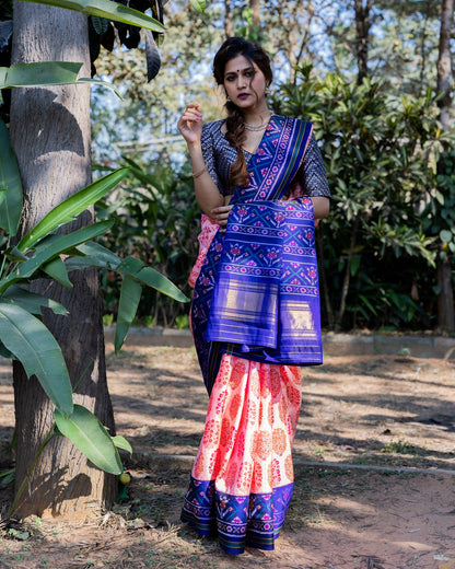 Pink Kanchivaram Ikkat Silk Saree