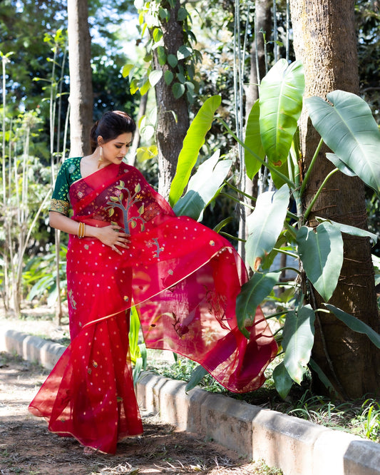 Pink Embroidered Organza Silk Saree