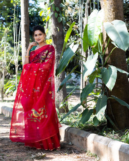 Pink Embroidered Organza Silk Saree