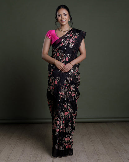 Black Organza Embroidered Silk Saree