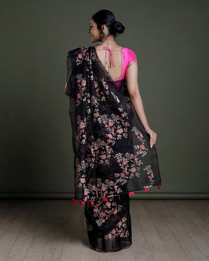 Black Organza Embroidered Silk Saree