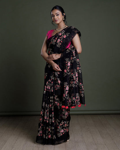 Black Organza Embroidered Silk Saree