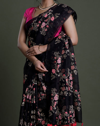 Black Organza Embroidered Silk Saree