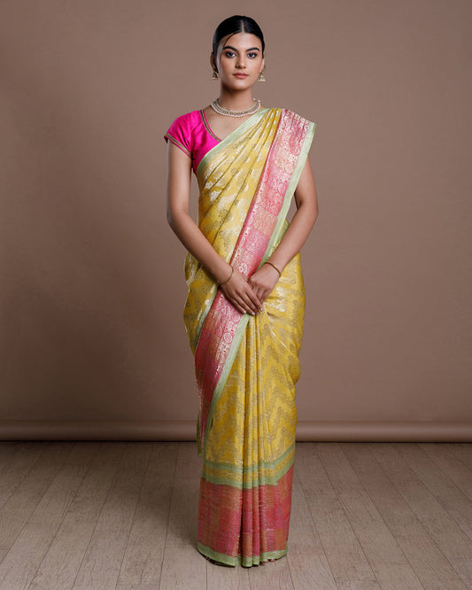 Yellow Banarasi Khadi Georgette Silk Saree