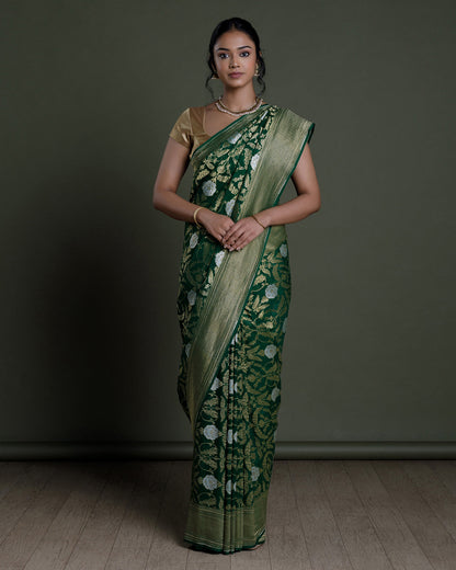 Green Banarasi Khadi Georgette Silk Saree