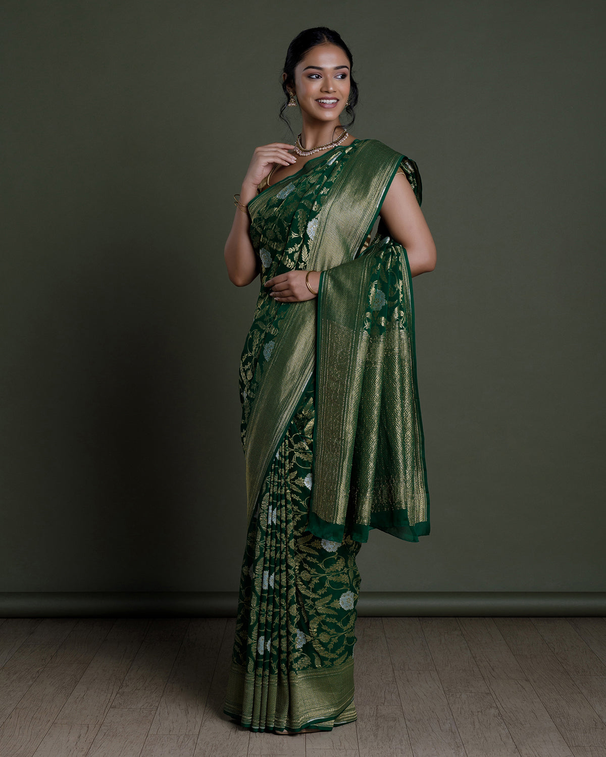 Green Banarasi Khadi Georgette Silk Saree
