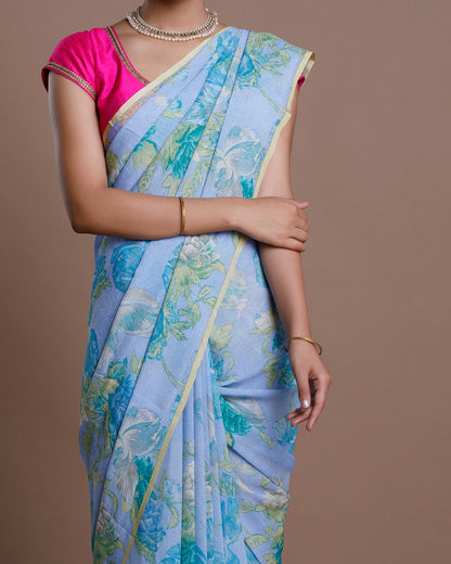 Ice Blue Printed Chiffon Silk Saree