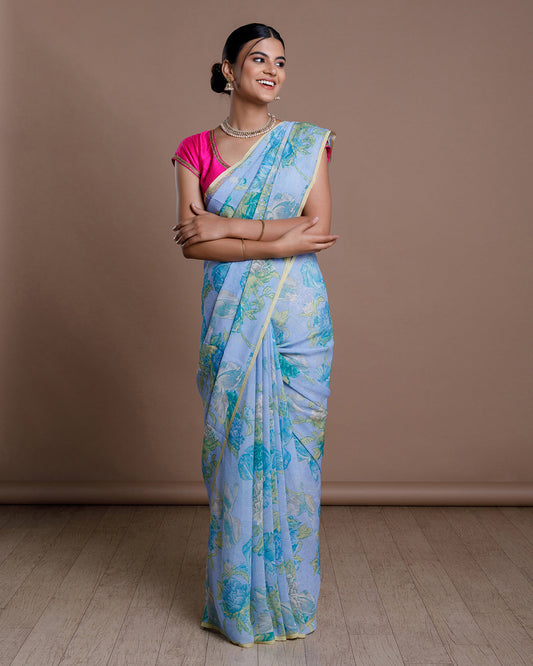 Ice Blue Printed Chiffon Silk Saree