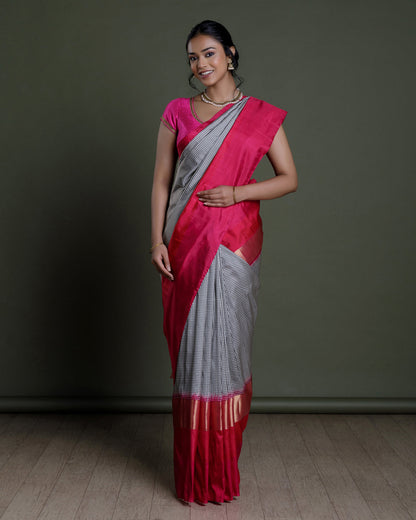 White and Black Ikkat Handloom Silk Saree