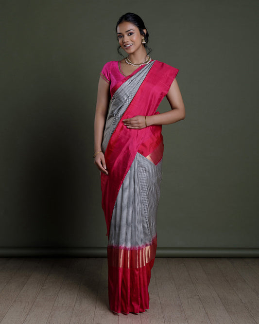 White and Black Ikkat Handloom Silk Saree