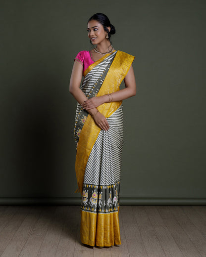 White Ikkat Handloom Silk Saree