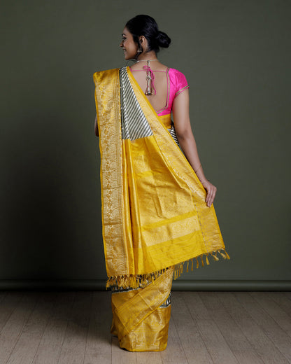 White Ikkat Handloom Silk Saree