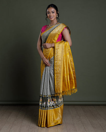 White Ikkat Handloom Silk Saree