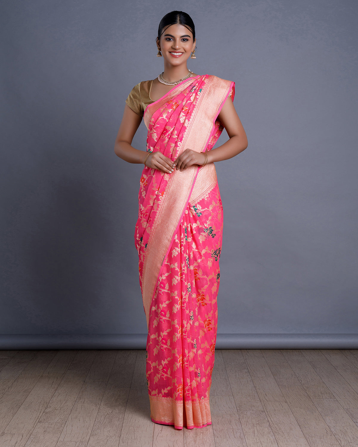 Pink Banarasi Khadi Georgette Silk Saree