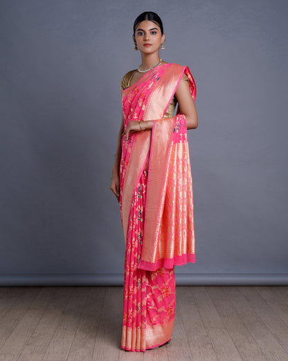 Pink Banarasi Khadi Georgette Silk Saree