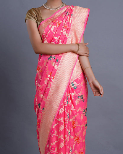 Pink Banarasi Khadi Georgette Silk Saree