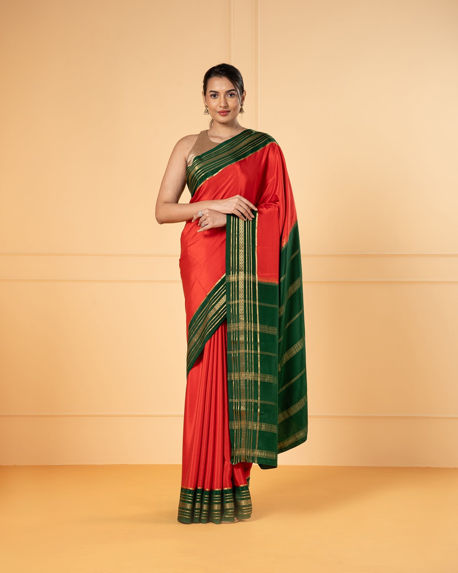 Red Crepe Mysore Silk Saree