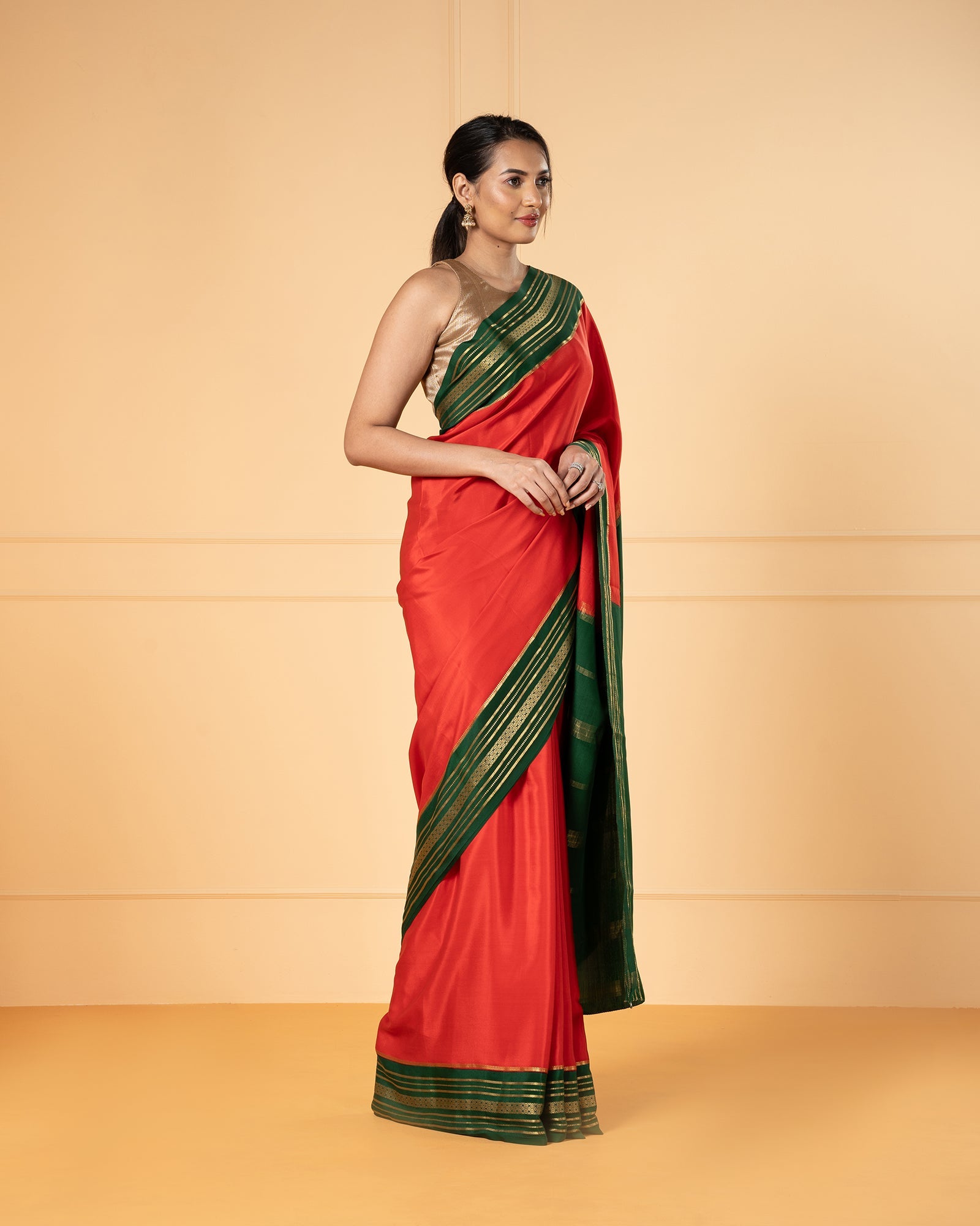 Red Crepe Mysore Silk Saree