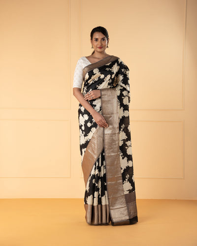 Black Printed Chiniya Silk Saree
