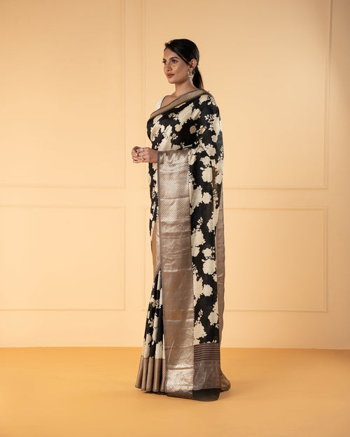 Black Printed Chiniya Silk Saree