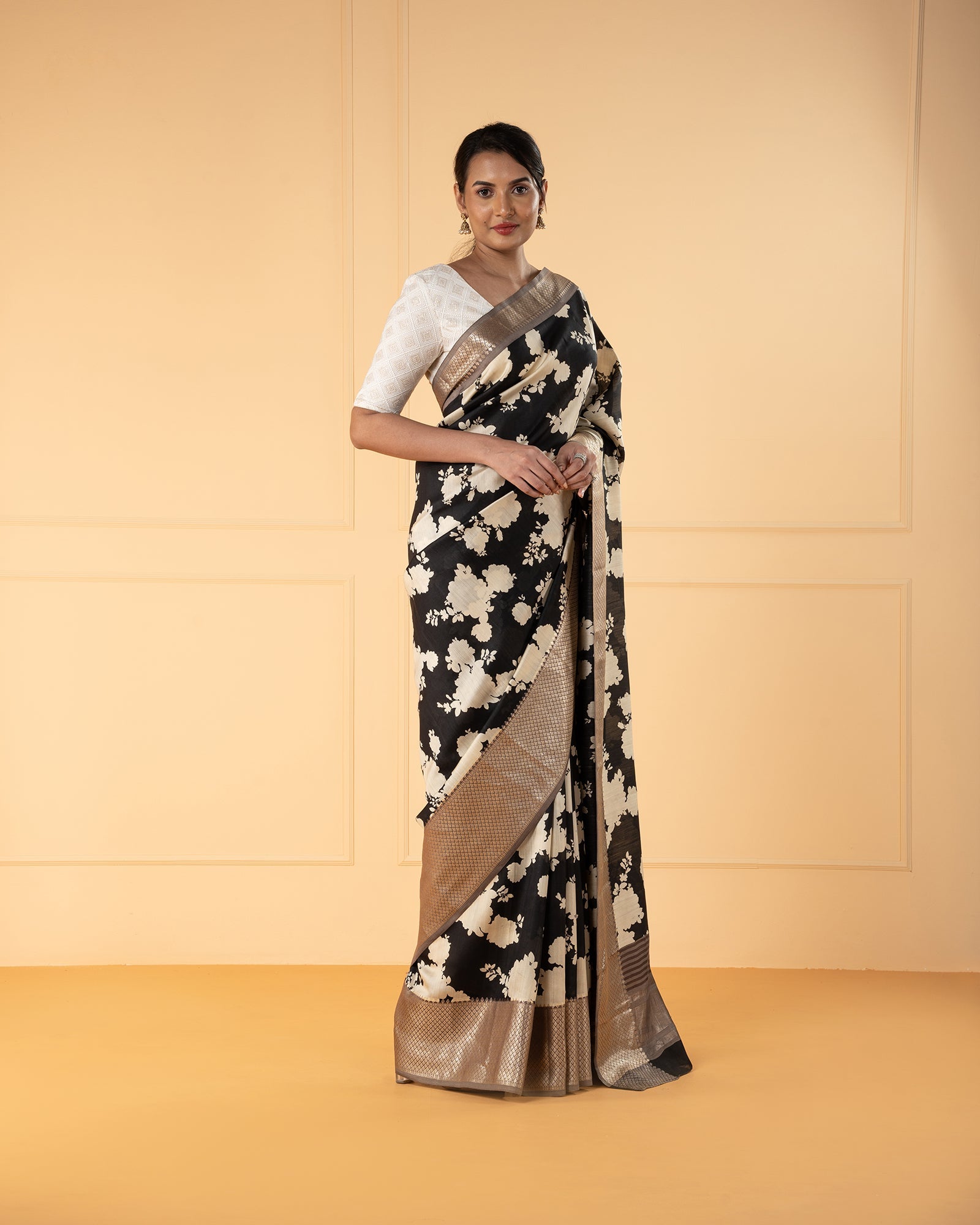 Black Printed Chiniya Silk Saree