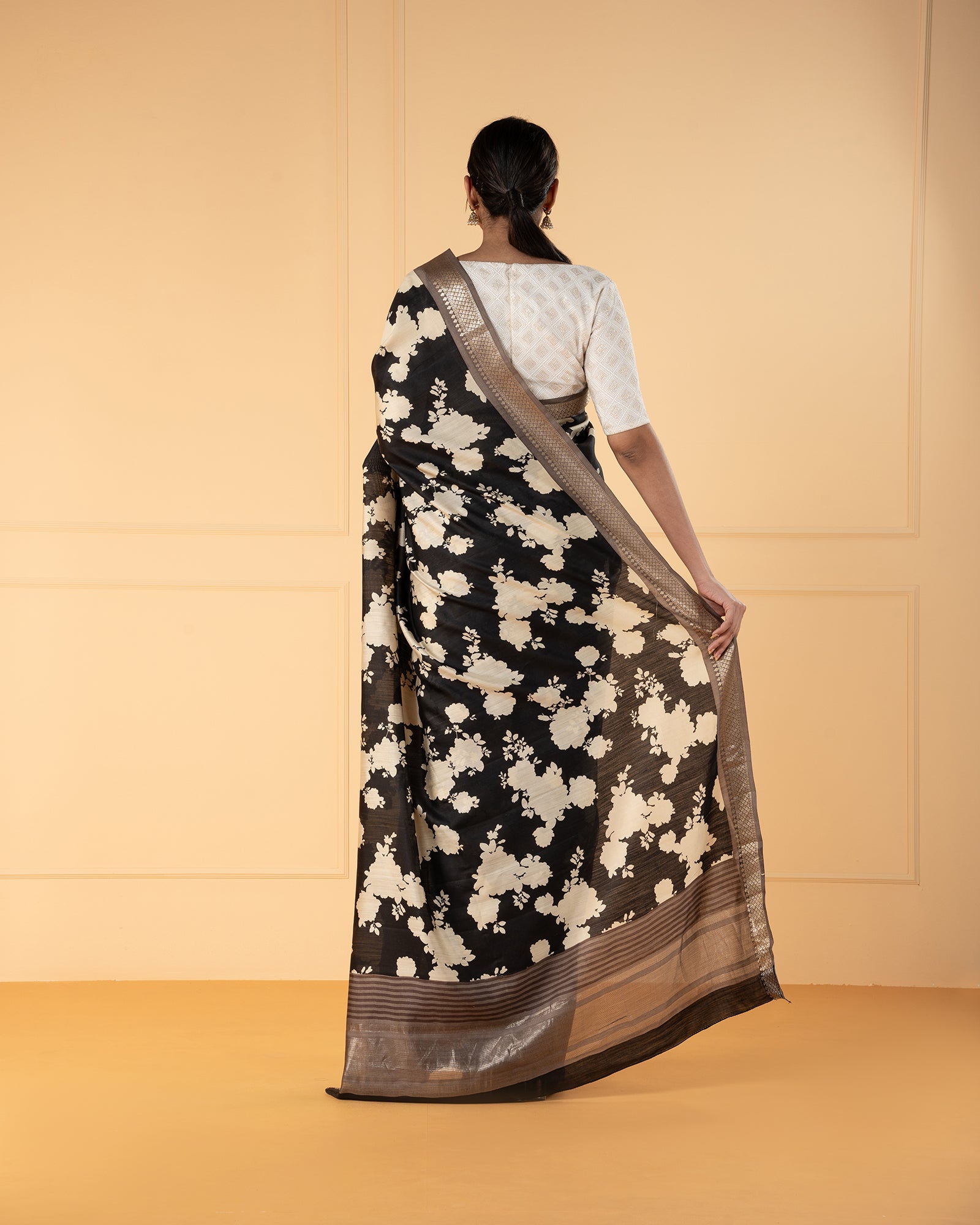 Black Printed Chiniya Silk Saree