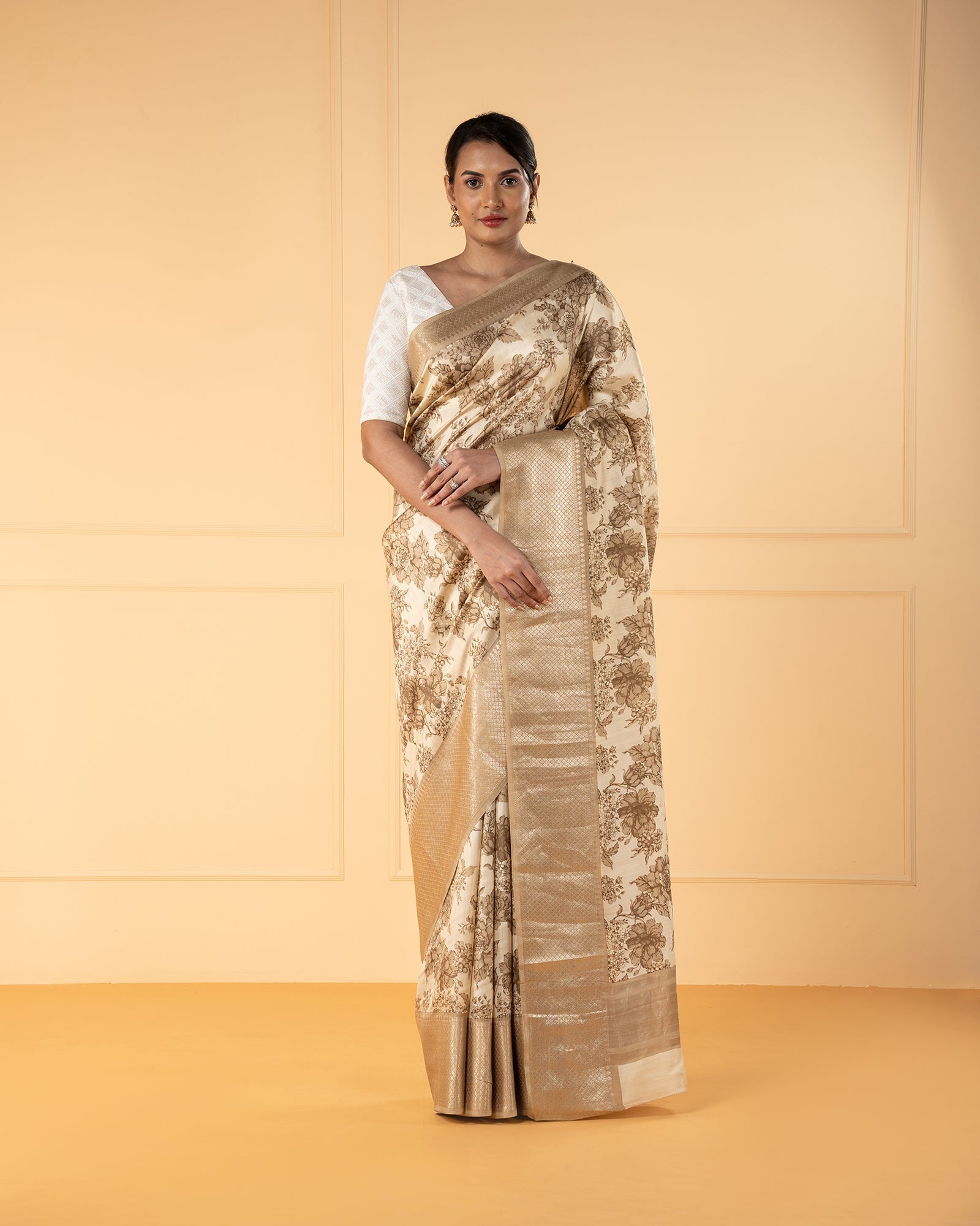 Beige Printed  Chiniya Silk Saree