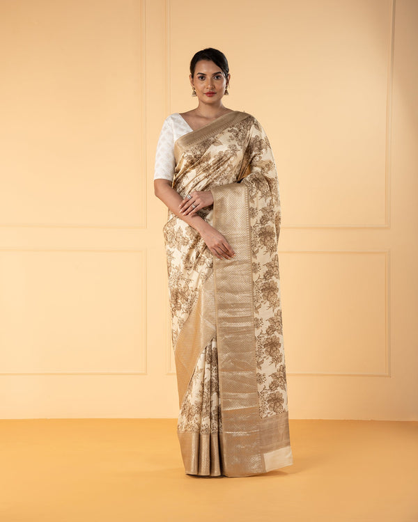 Beige Printed Silk Saree