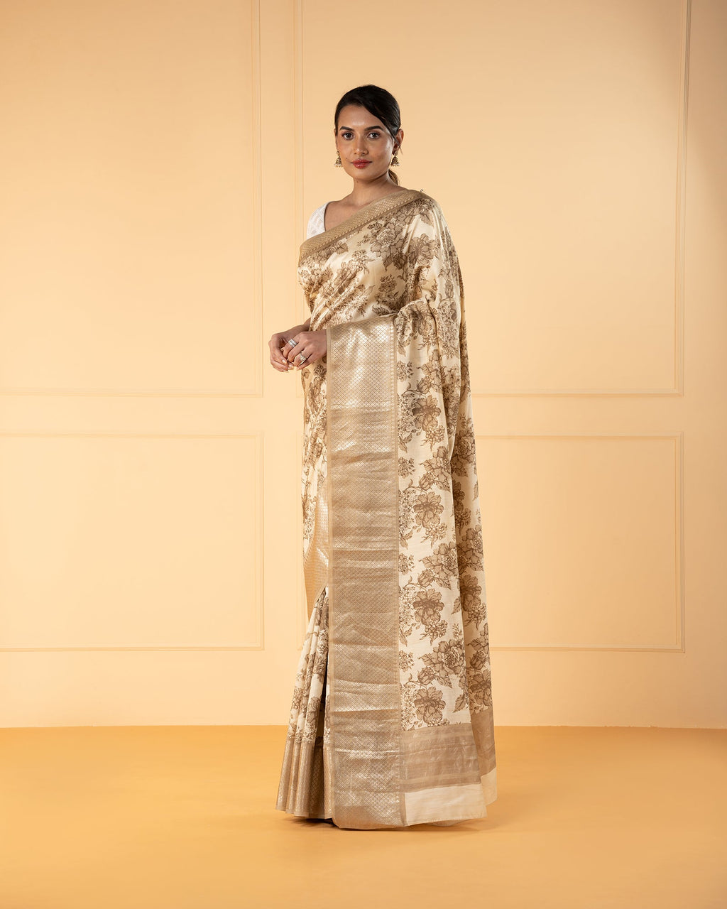 Beige Printed  Chiniya Silk Saree