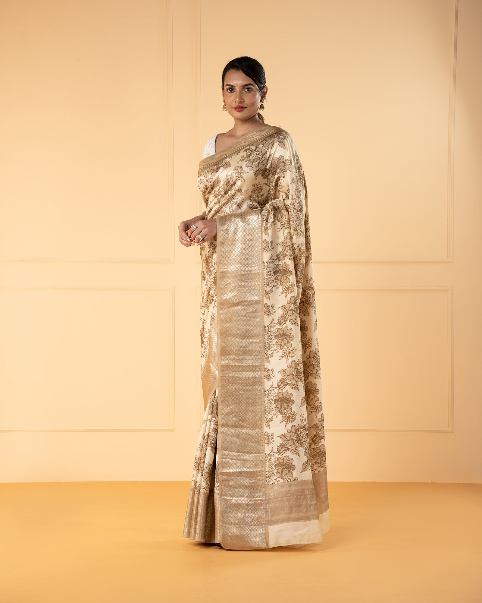 Beige Printed  Chiniya Silk Saree