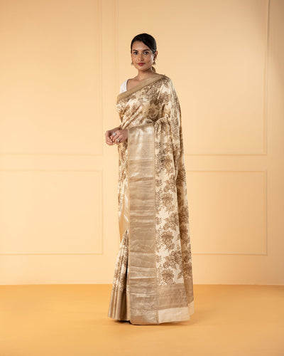 Beige Printed  Chiniya Silk Saree