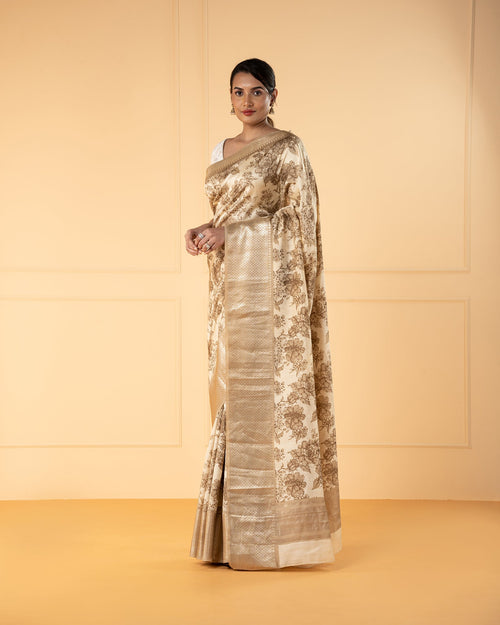 Beige Printed  Chiniya Silk Saree