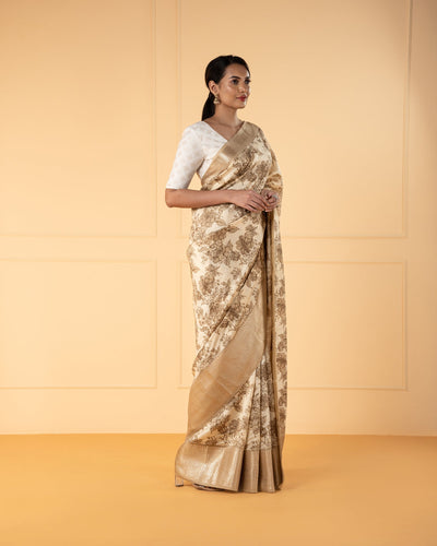 Beige Printed  Chiniya Silk Saree