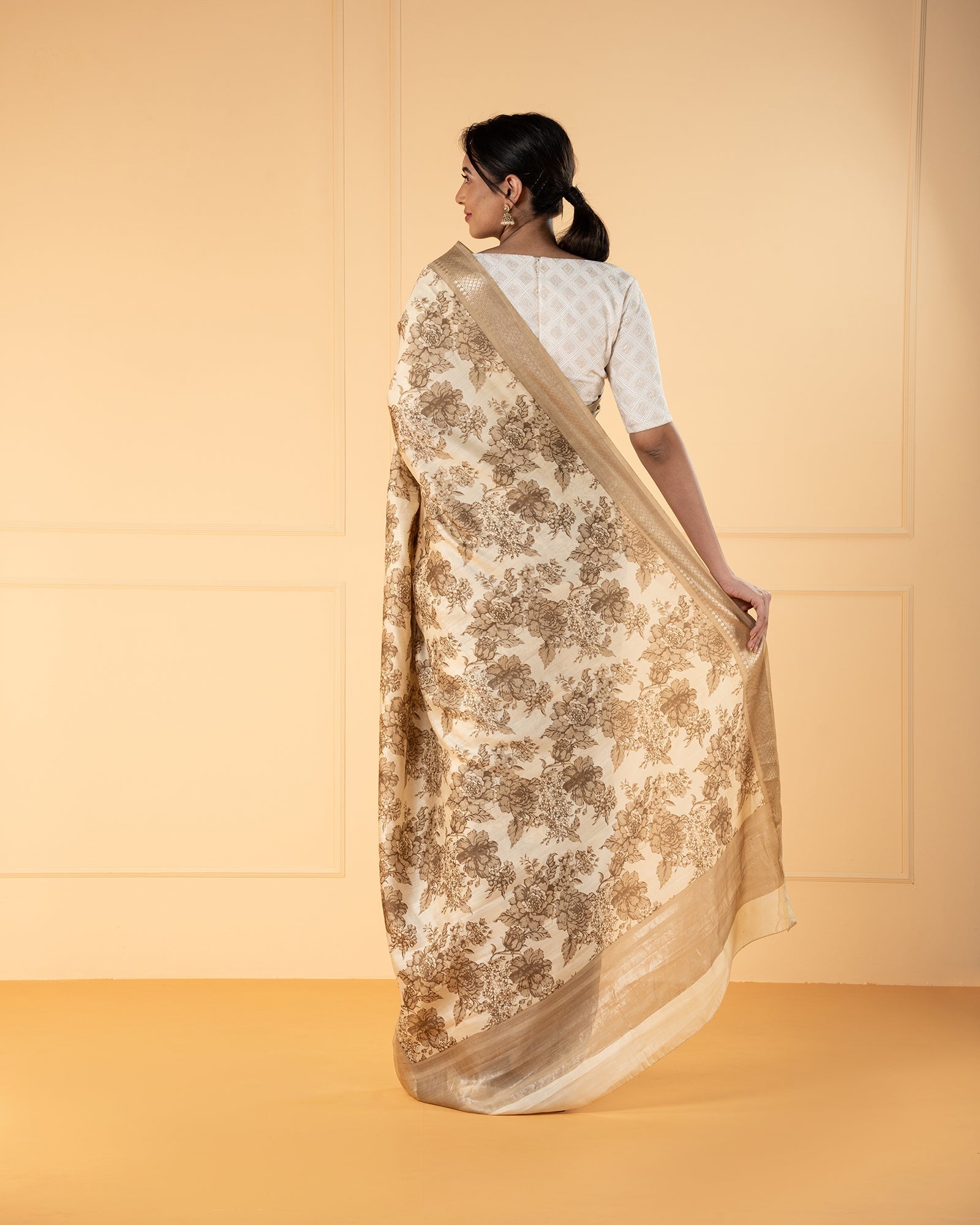 Beige Printed  Chiniya Silk Saree