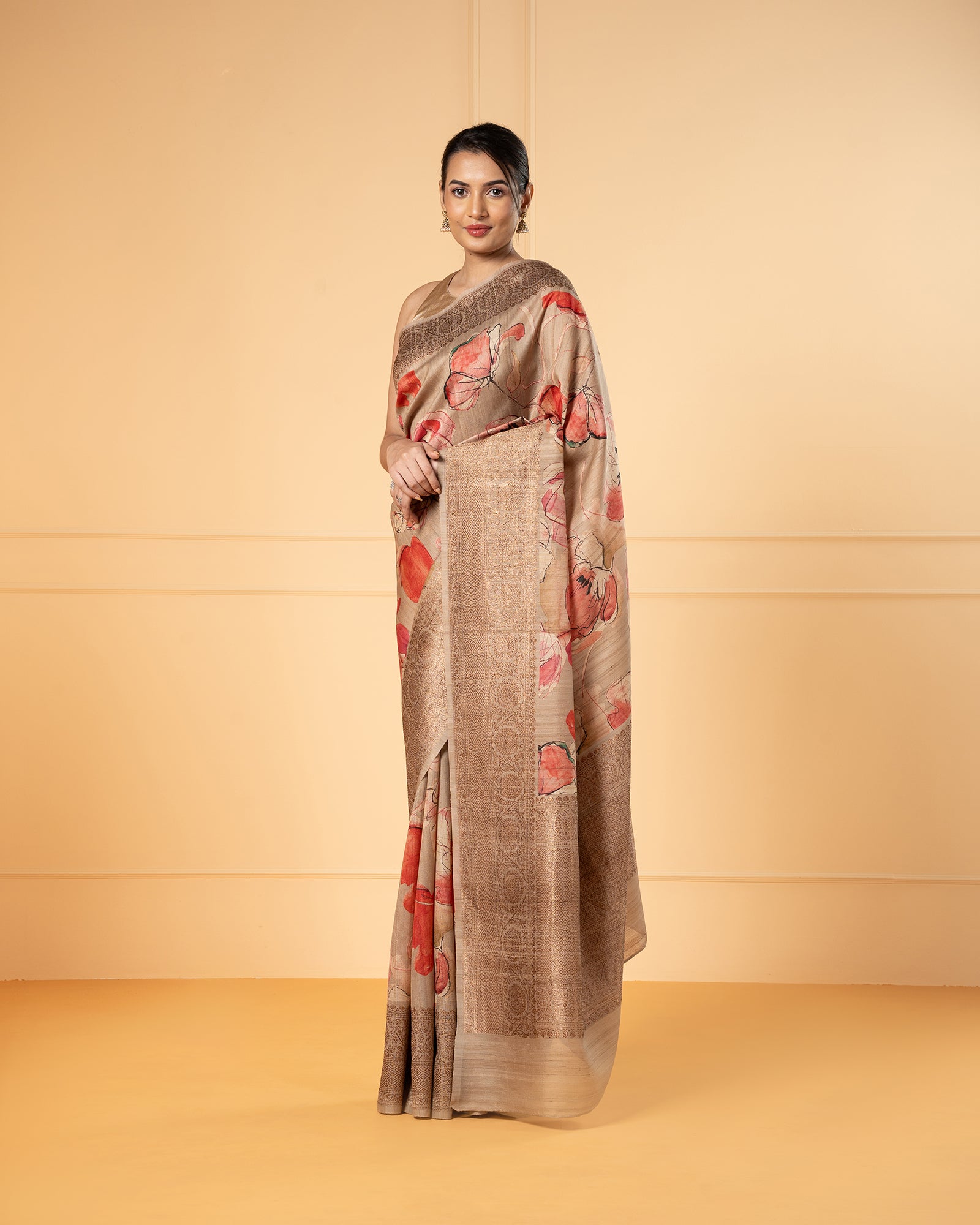 Beige Banarasi Handloom Tussar Silk Saree