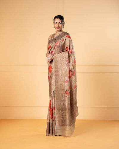 Beige Banarasi Handloom Tussar Silk Saree