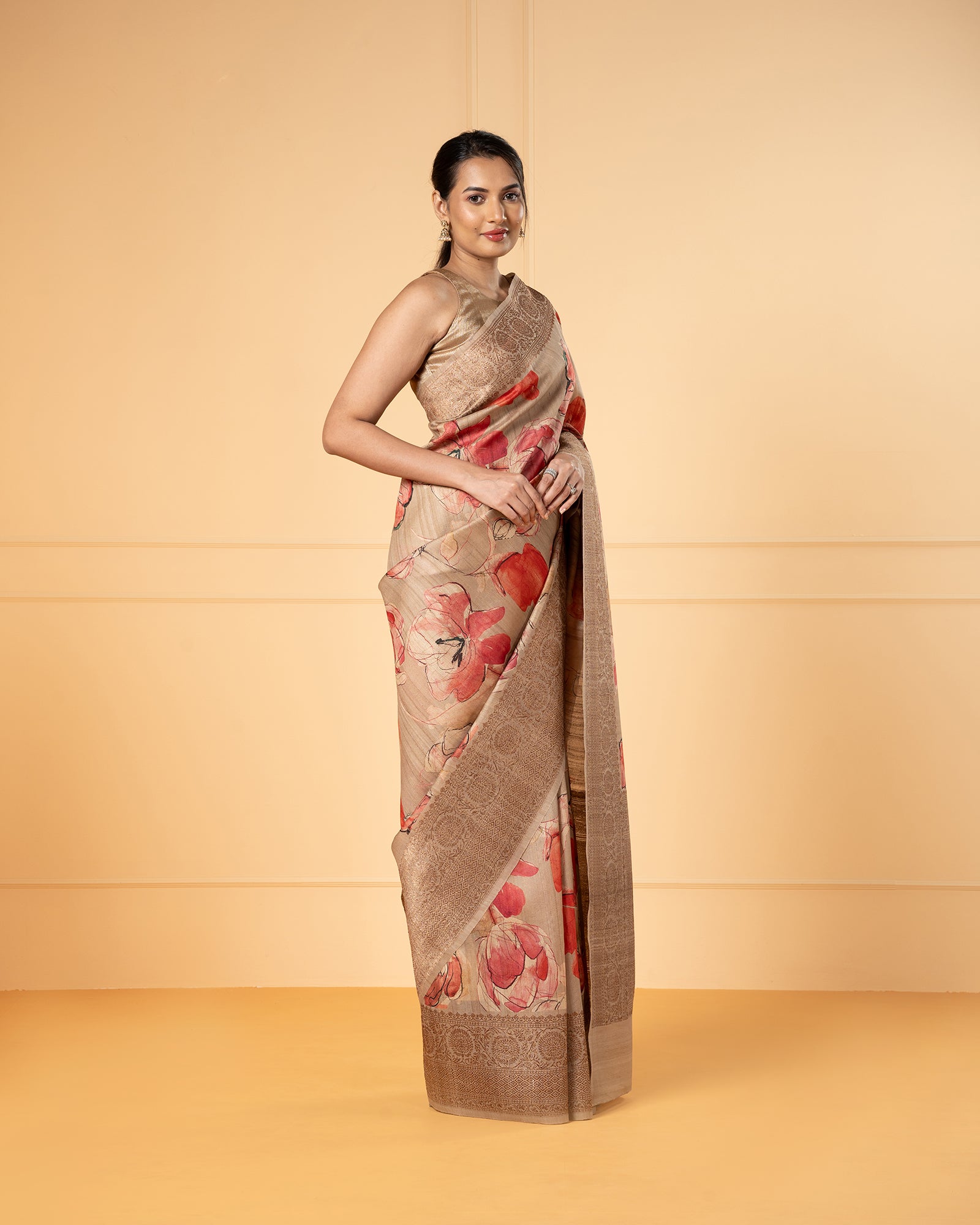Beige Banarasi Handloom Tussar Silk Saree