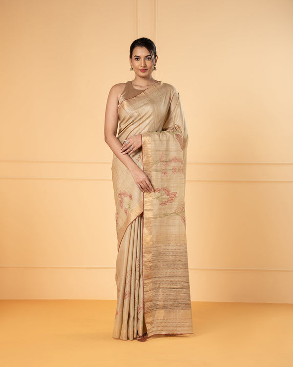 Beige Printed Tussar Silk Saree