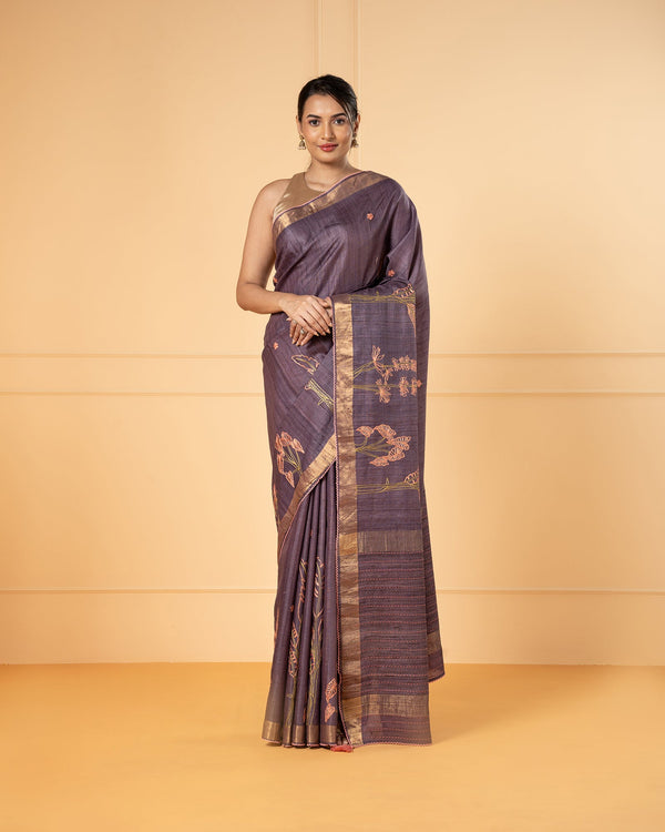 Purple Printed Tussar Silk Saree