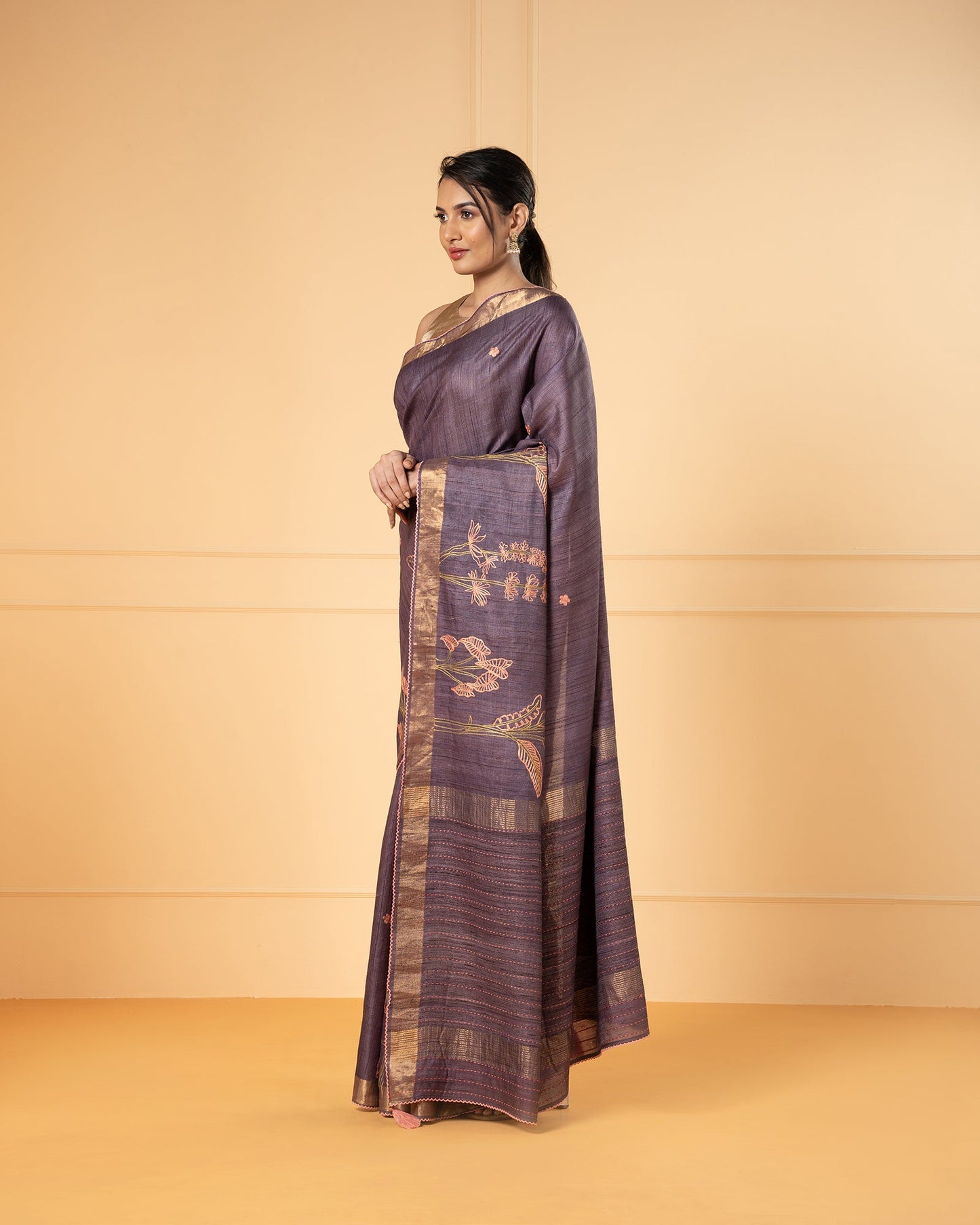 Purple Printed Tussar Silk Saree