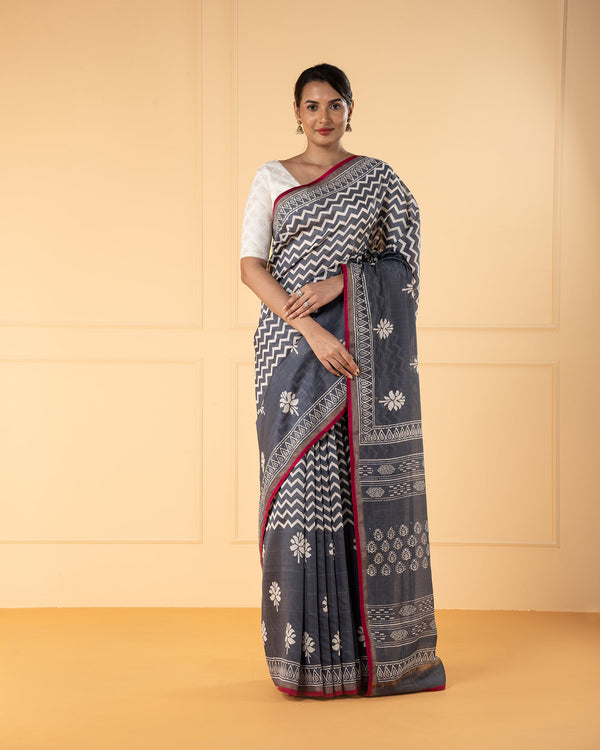 Grey Printed Cotton Saree